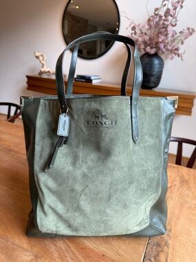 COACH Olive Green Suede & Leather Tote With Gold Hardware